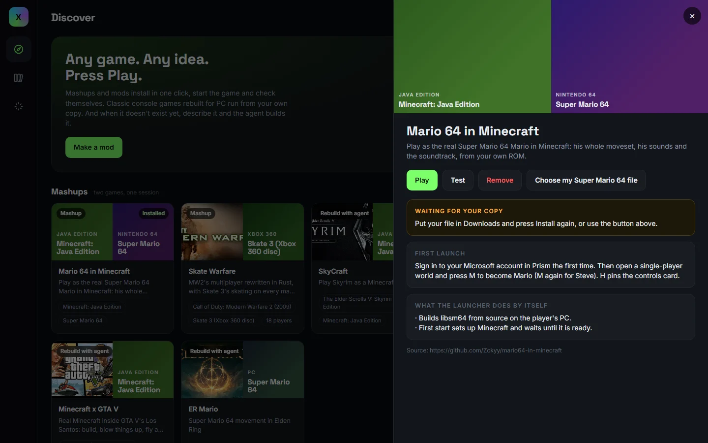 Mario 64 in Minecraft in the launcher