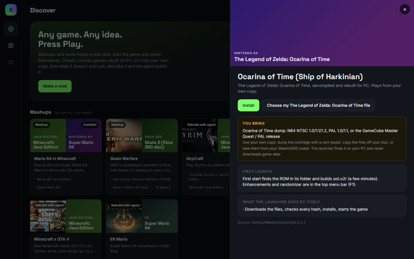 Ocarina of Time PC port page in the launcher